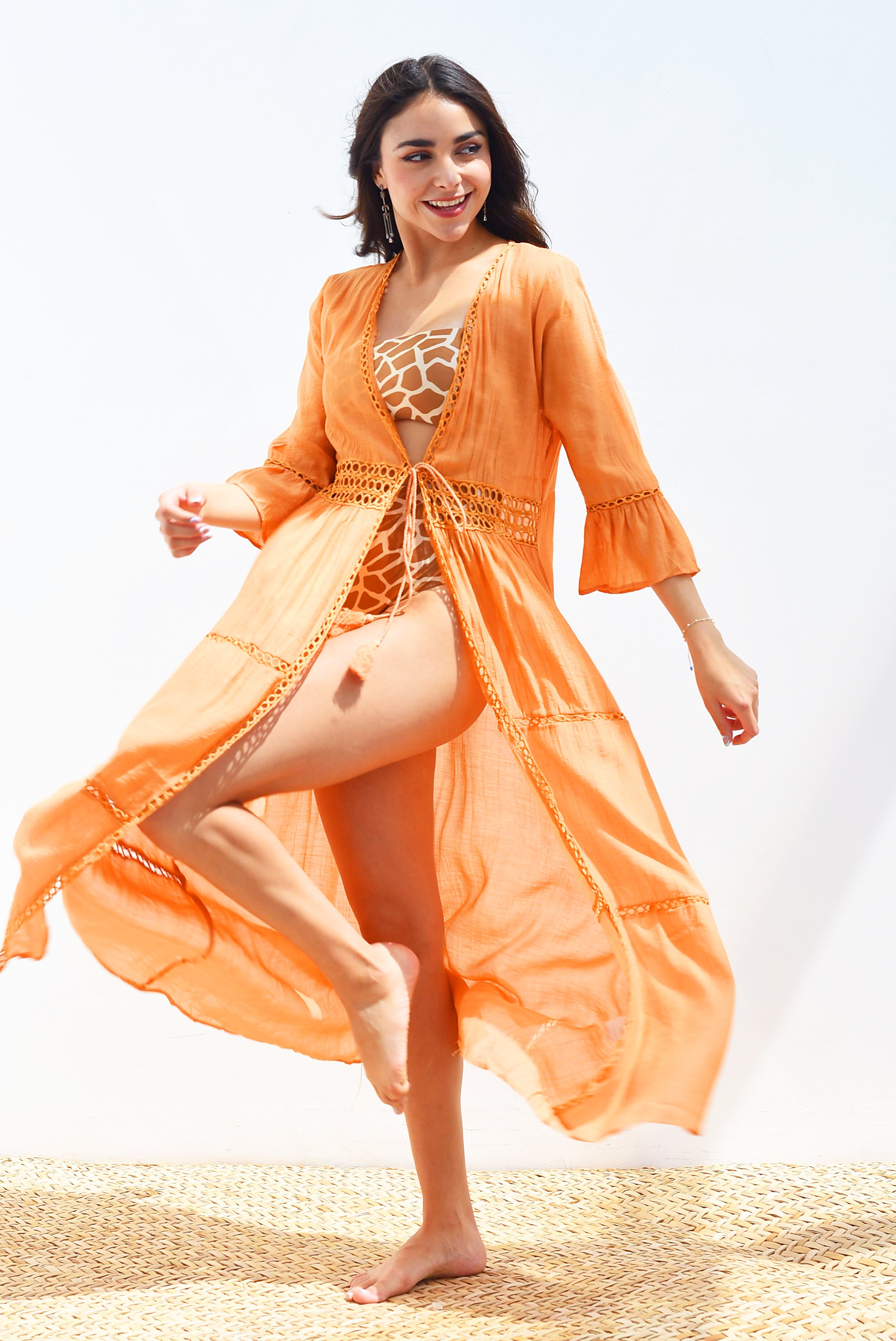 Cover-up largo tira bordada Naranja