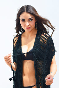 Fashion Styled Cover-up largo abierto hilos Negro