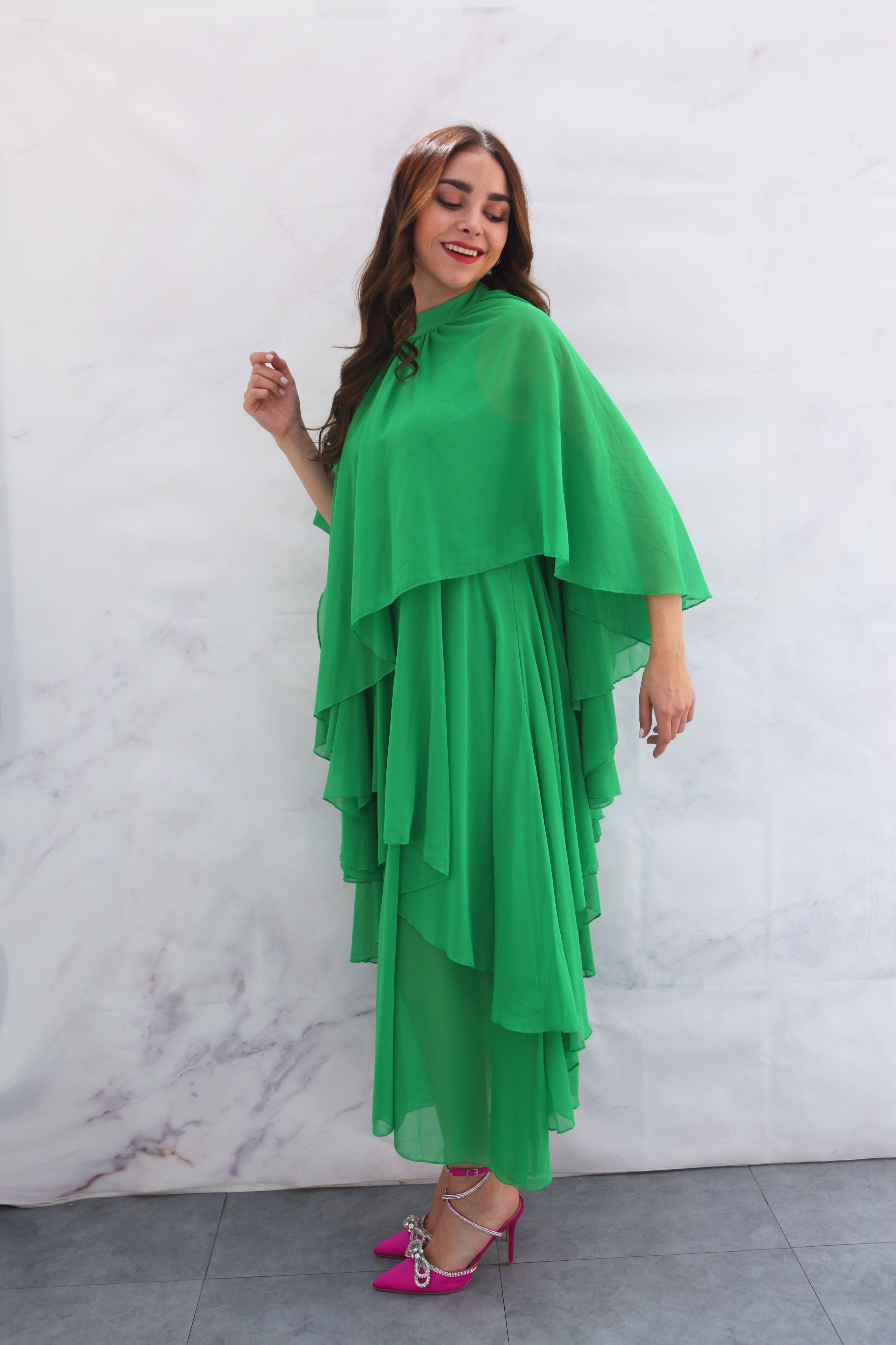 Vestido largo en capas Verde Quetzal