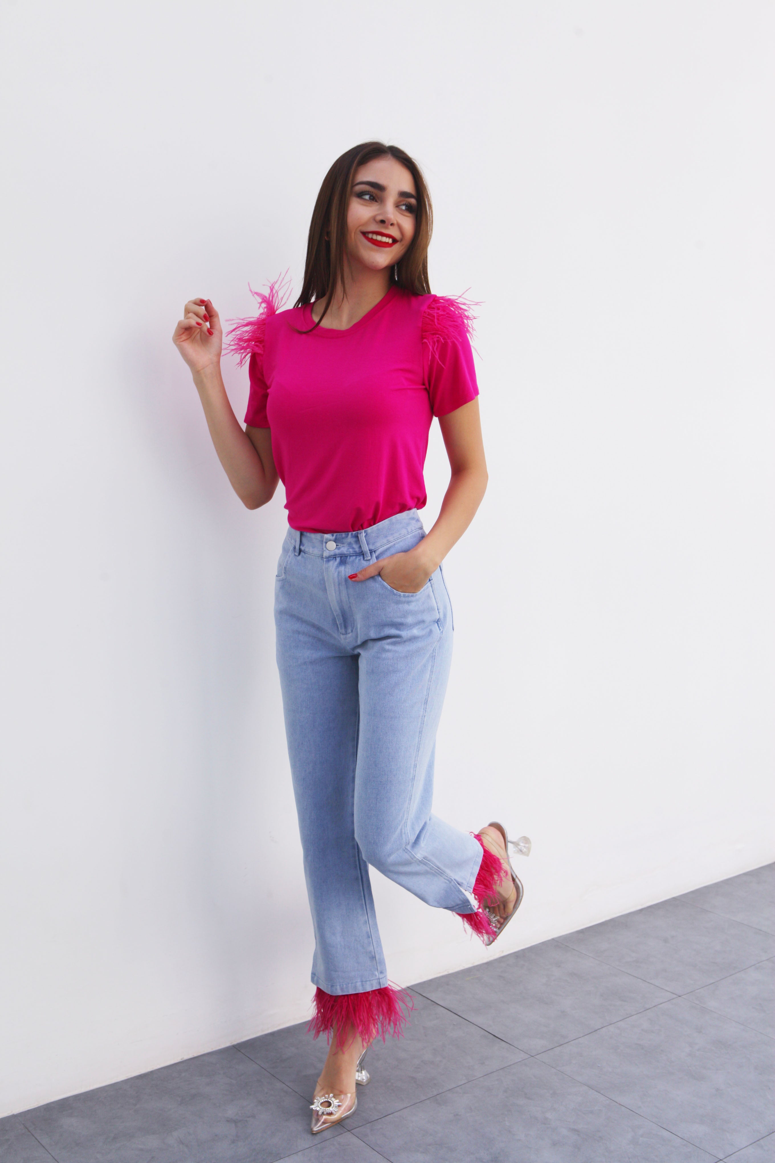 Jeans rectos con plumas Fiusha