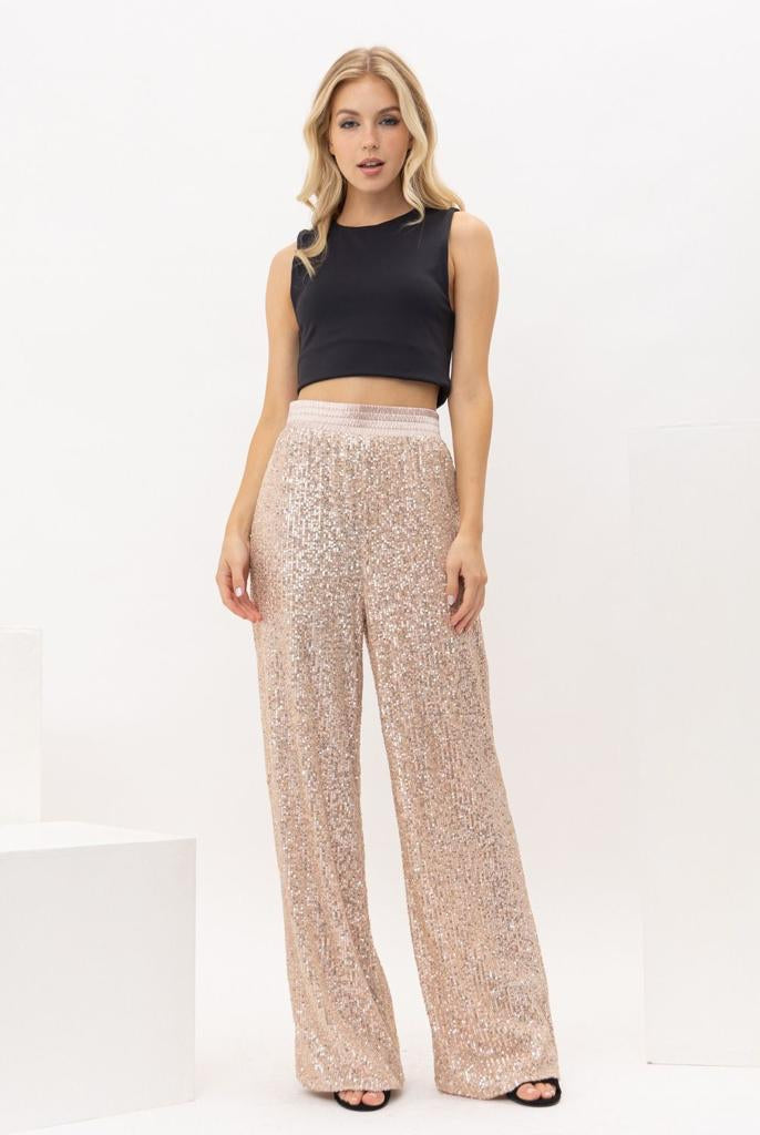 Pantalón pierna ancha lentejuela Rose Gold