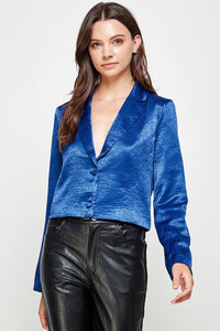 Fashion Styled Set de Pantalón y Blazer crop de satín Azul