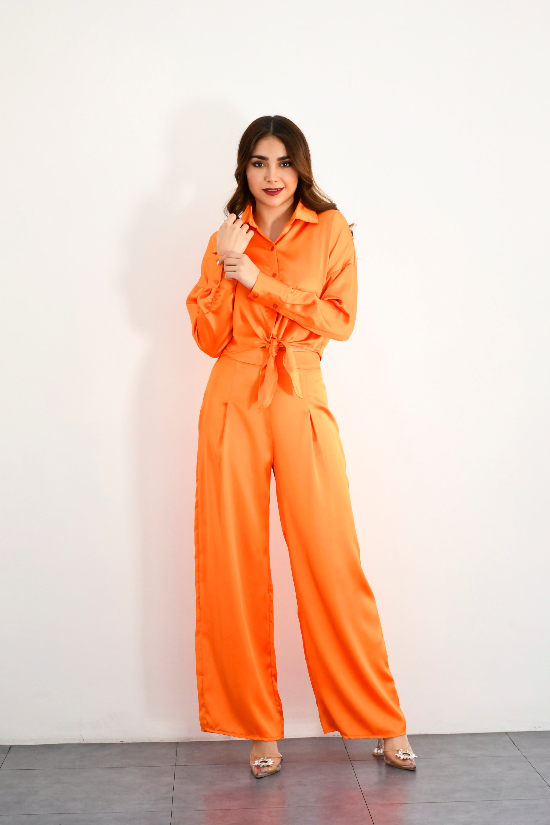 Set Pantalón y Camisa satín Naranja