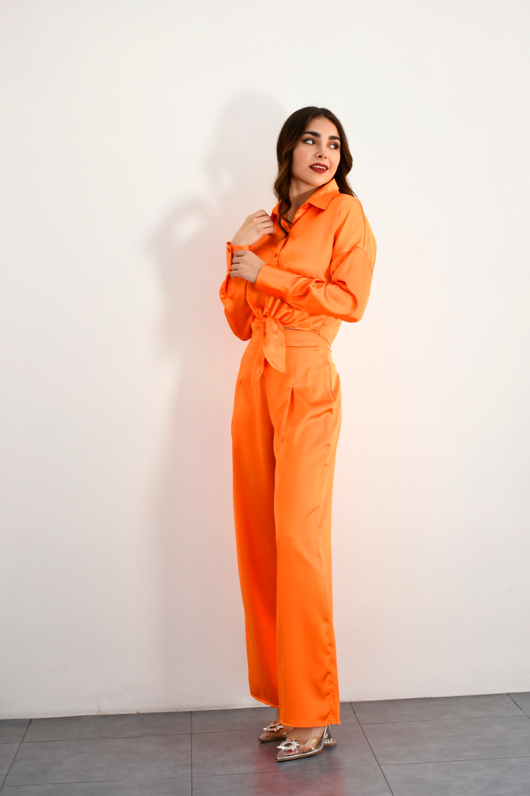 Set Pantalón y Camisa satín Naranja