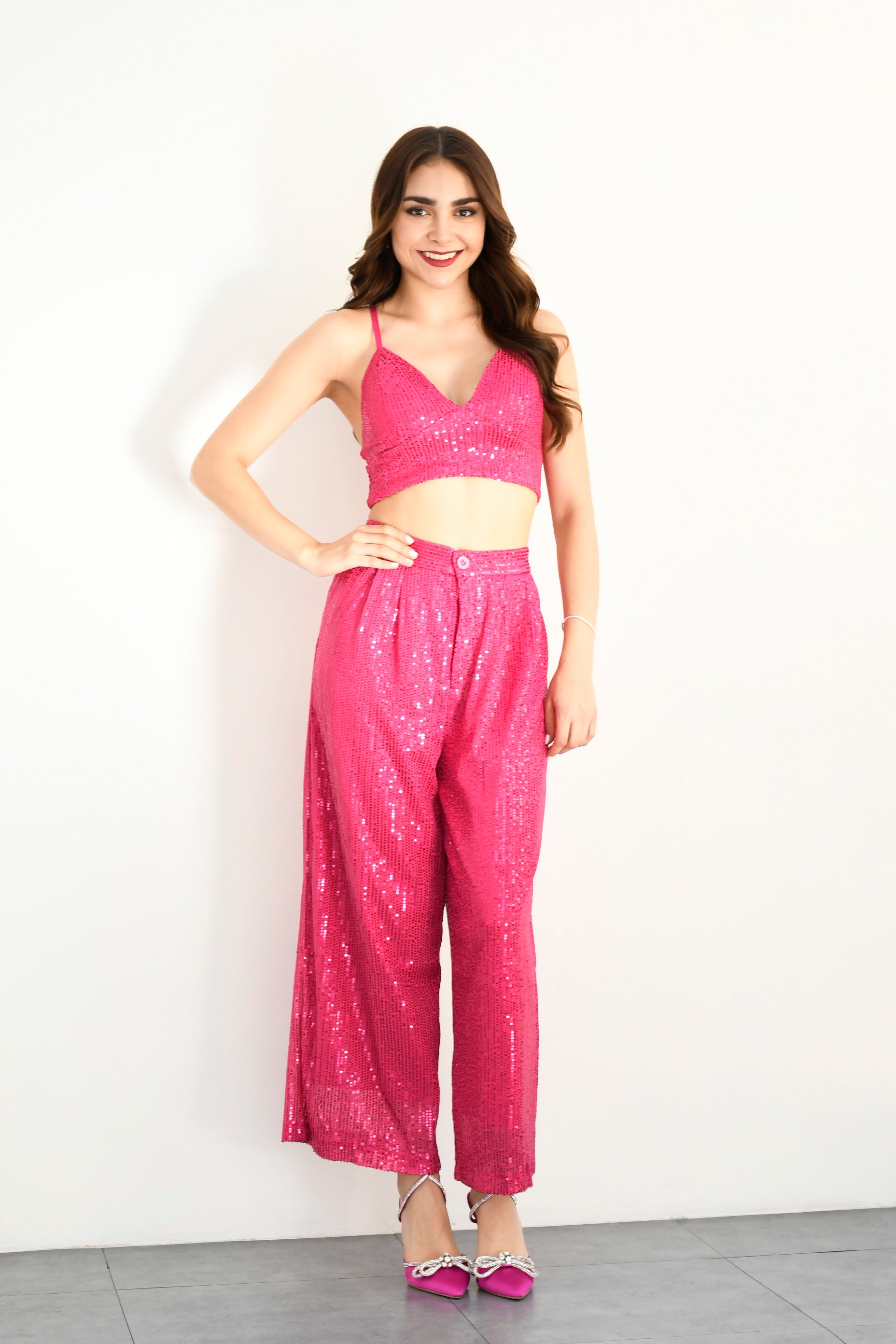 Set Pantalón pierna ancha y Top lentejuela Fiusha