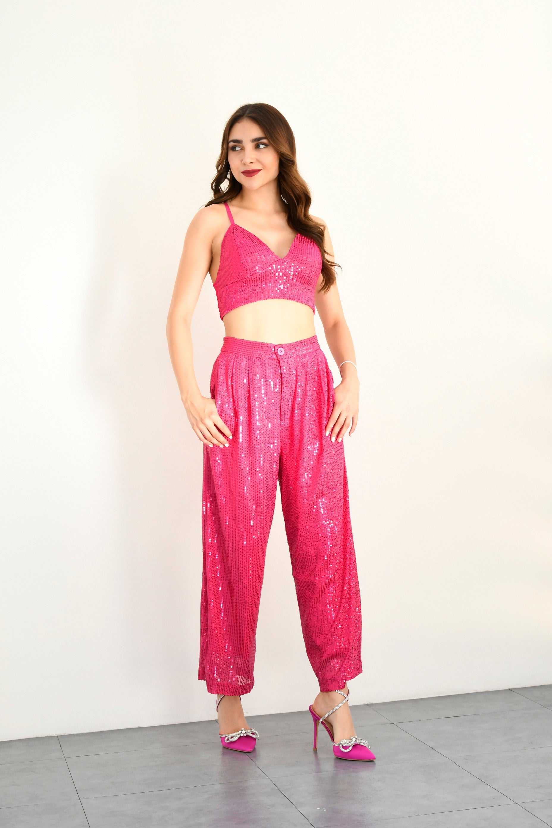 Set Pantalón pierna ancha y Top lentejuela Fiusha