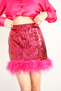 Fashion Styled Falda corta lentejuela con plumas Hot Pink