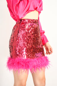 Fashion Styled Falda corta lentejuela con plumas Hot Pink
