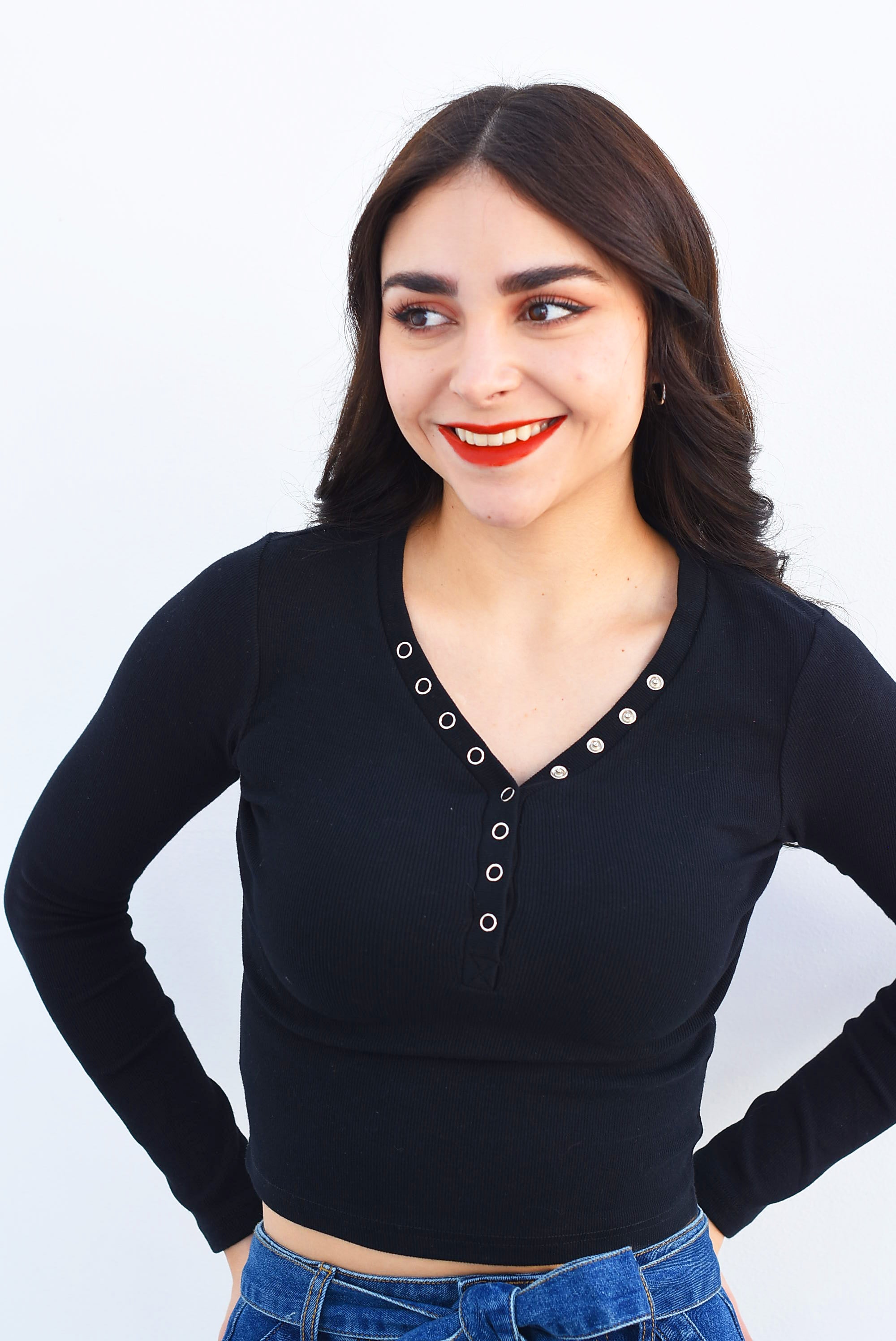 Fiesta Blusas Negras De Manga Larga Playera Básica Crop Manga