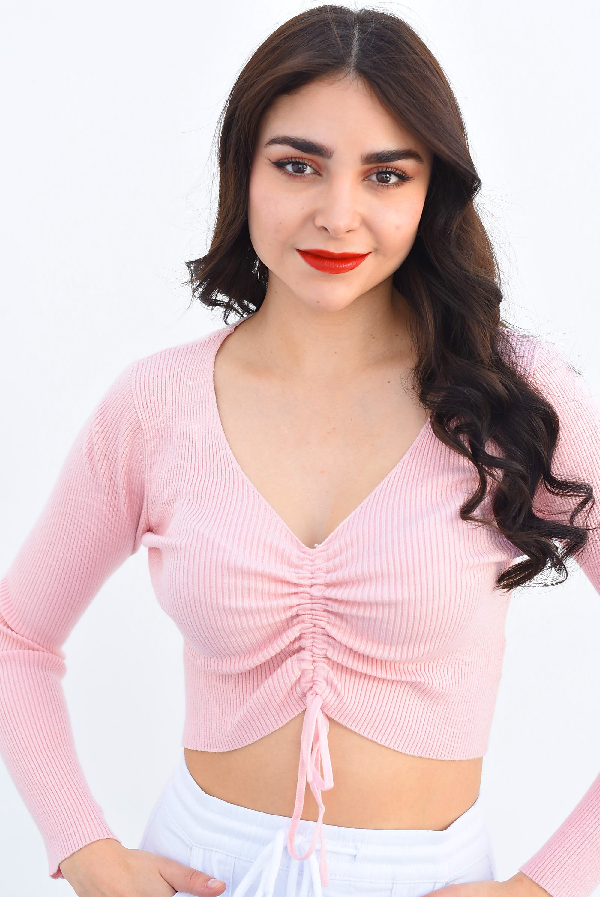 Blusa canalé jareta cuello V Rosa palo