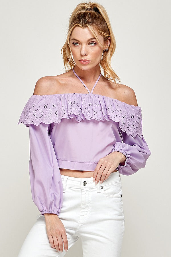 Blusa corta off-shoulders con encaje Lila